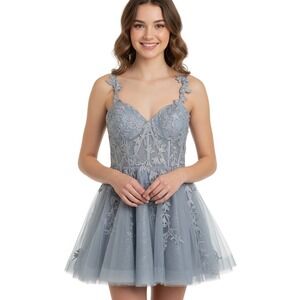 Fairycore blue cocktail dress leafy Lace Embroidered Tulle Mini Dress Party Sz 8